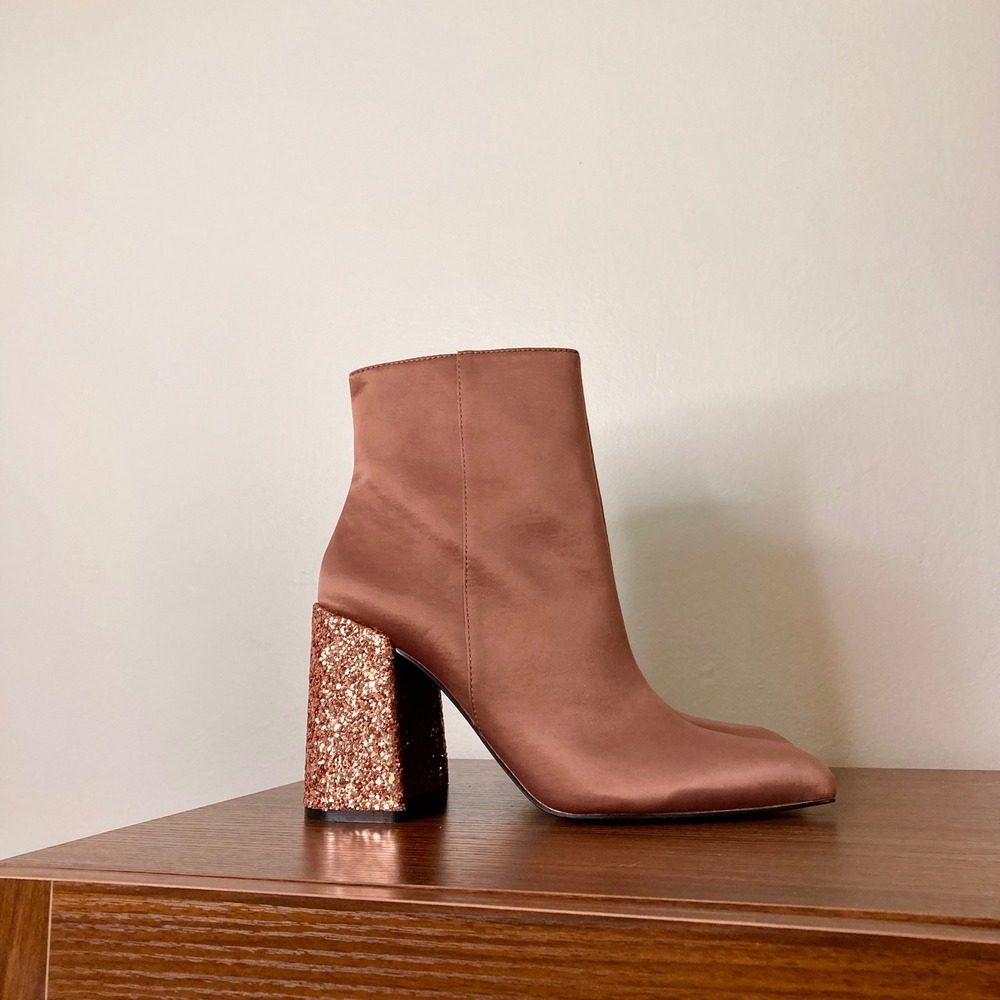 Shellys London Rose Gold Satin Glitter Block Heel Pointed Toe Ankle Boots 7.5